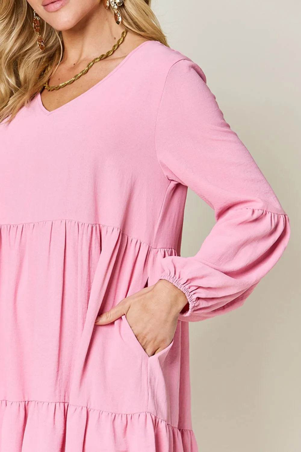 Double Take Full Size V-Neck Balloon Sleeve Tiered Dress with Pockets - Rosa Apparel