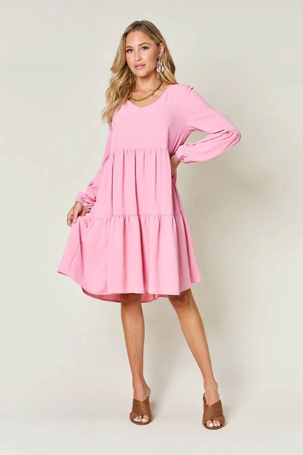 Double Take Full Size V-Neck Balloon Sleeve Tiered Dress with Pockets - Rosa Apparel