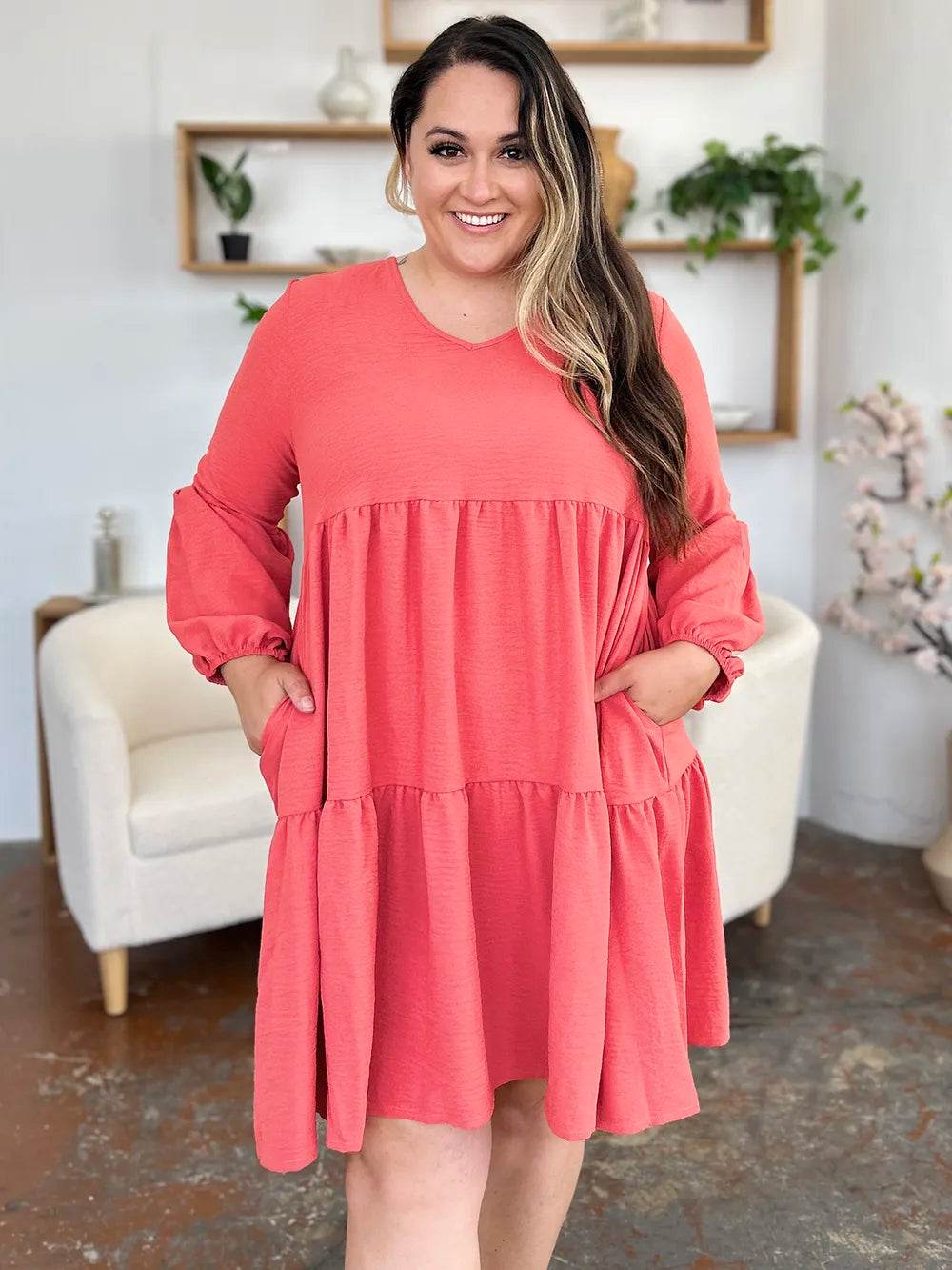 Double Take Full Size V-Neck Balloon Sleeve Tiered Dress with Pockets - Rosa Apparel
