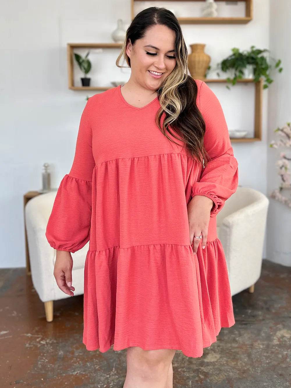 Double Take Full Size V-Neck Balloon Sleeve Tiered Dress with Pockets - Rosa Apparel