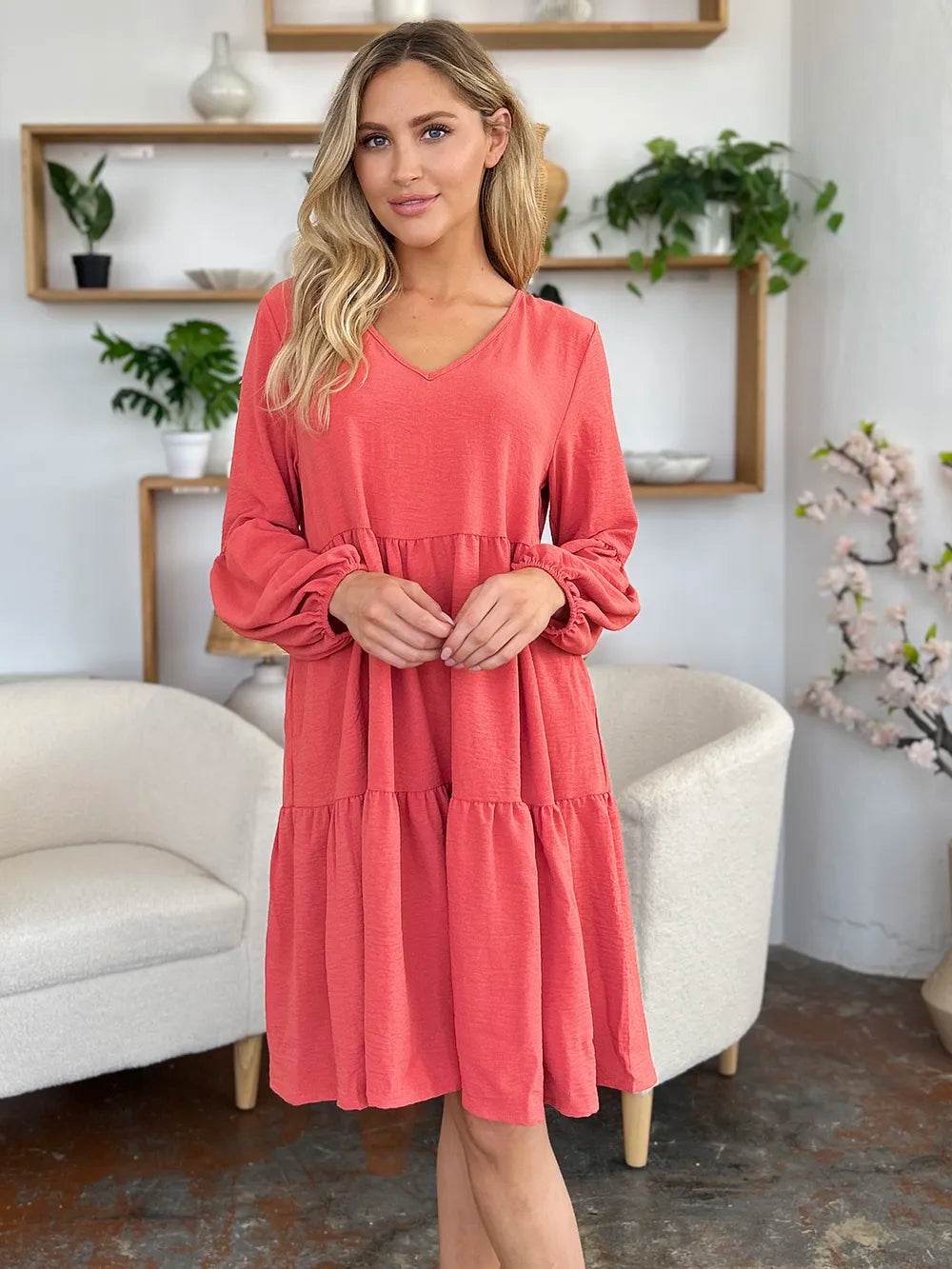Double Take Full Size V-Neck Balloon Sleeve Tiered Dress with Pockets - Rosa Apparel