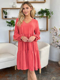 Double Take Full Size V-Neck Balloon Sleeve Tiered Dress with Pockets - Rosa Apparel