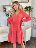 Double Take Full Size V-Neck Balloon Sleeve Tiered Dress with Pockets - Rosa Apparel