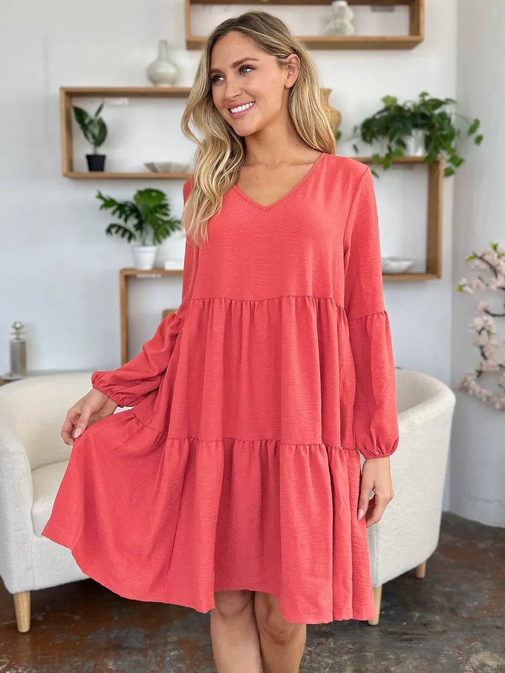 Double Take Full Size V-Neck Balloon Sleeve Tiered Dress with Pockets - Rosa Apparel