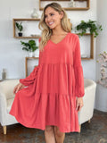 Double Take Full Size V-Neck Balloon Sleeve Tiered Dress with Pockets - Rosa Apparel
