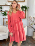 Double Take Full Size V-Neck Balloon Sleeve Tiered Dress with Pockets - Rosa Apparel
