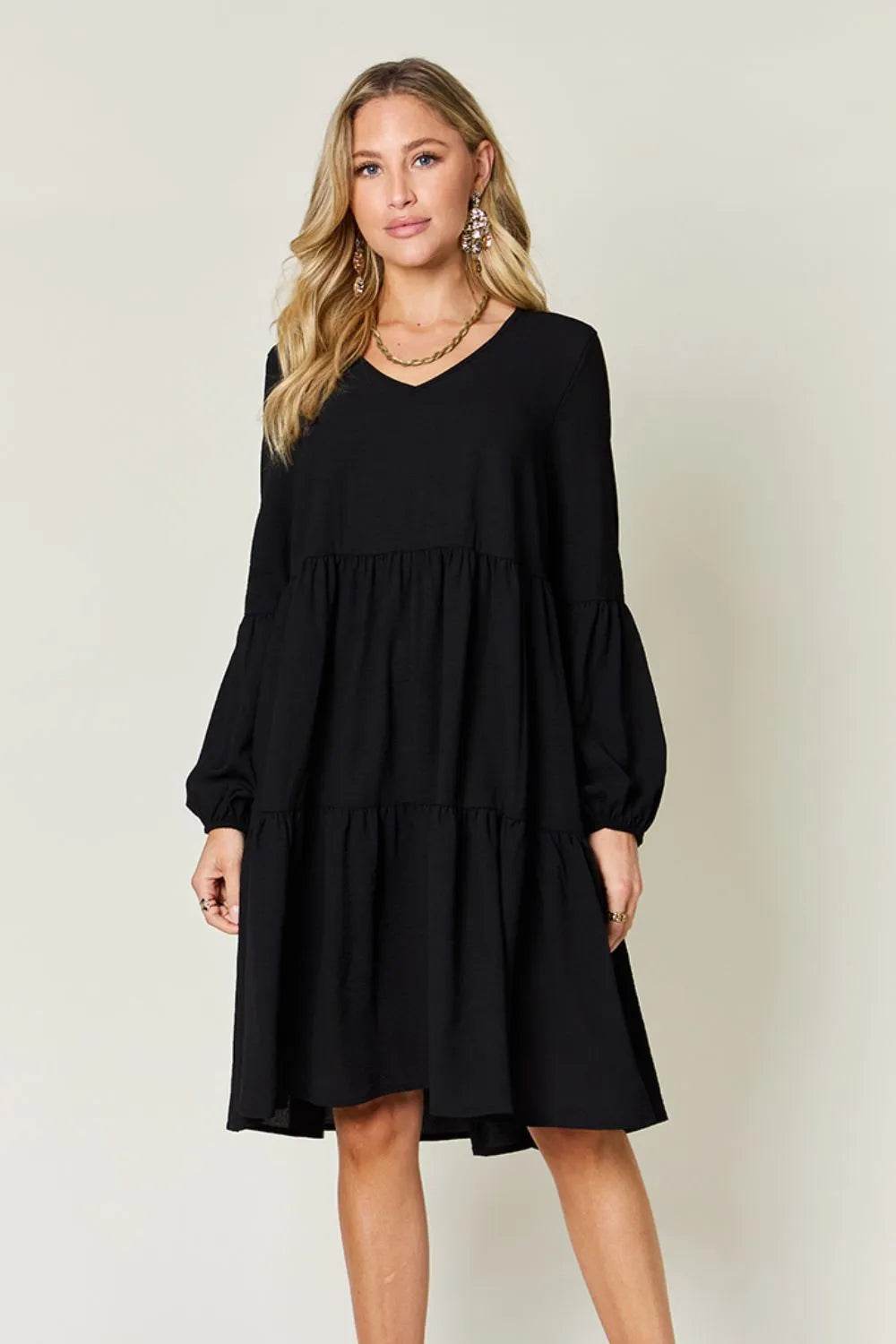 Double Take Full Size V-Neck Balloon Sleeve Tiered Dress with Pockets - Rosa Apparel