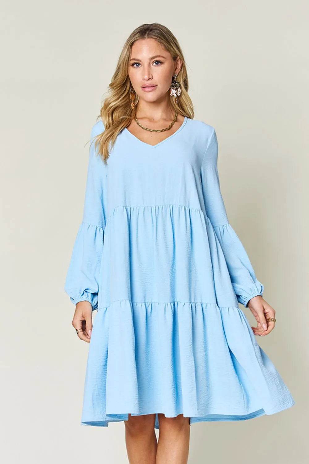 Double Take Full Size V-Neck Balloon Sleeve Tiered Dress with Pockets - Rosa Apparel