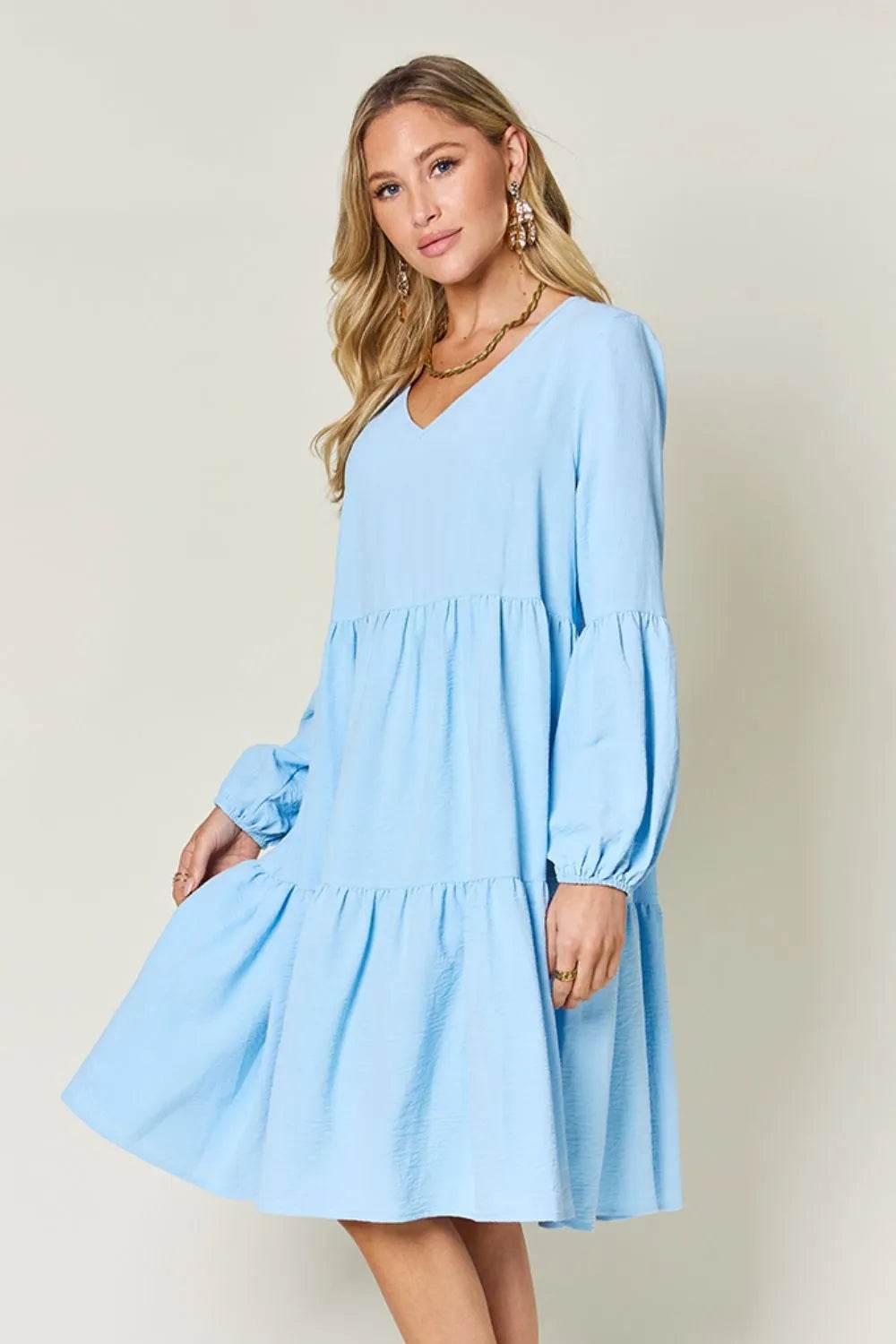 Double Take Full Size V-Neck Balloon Sleeve Tiered Dress with Pockets - Rosa Apparel
