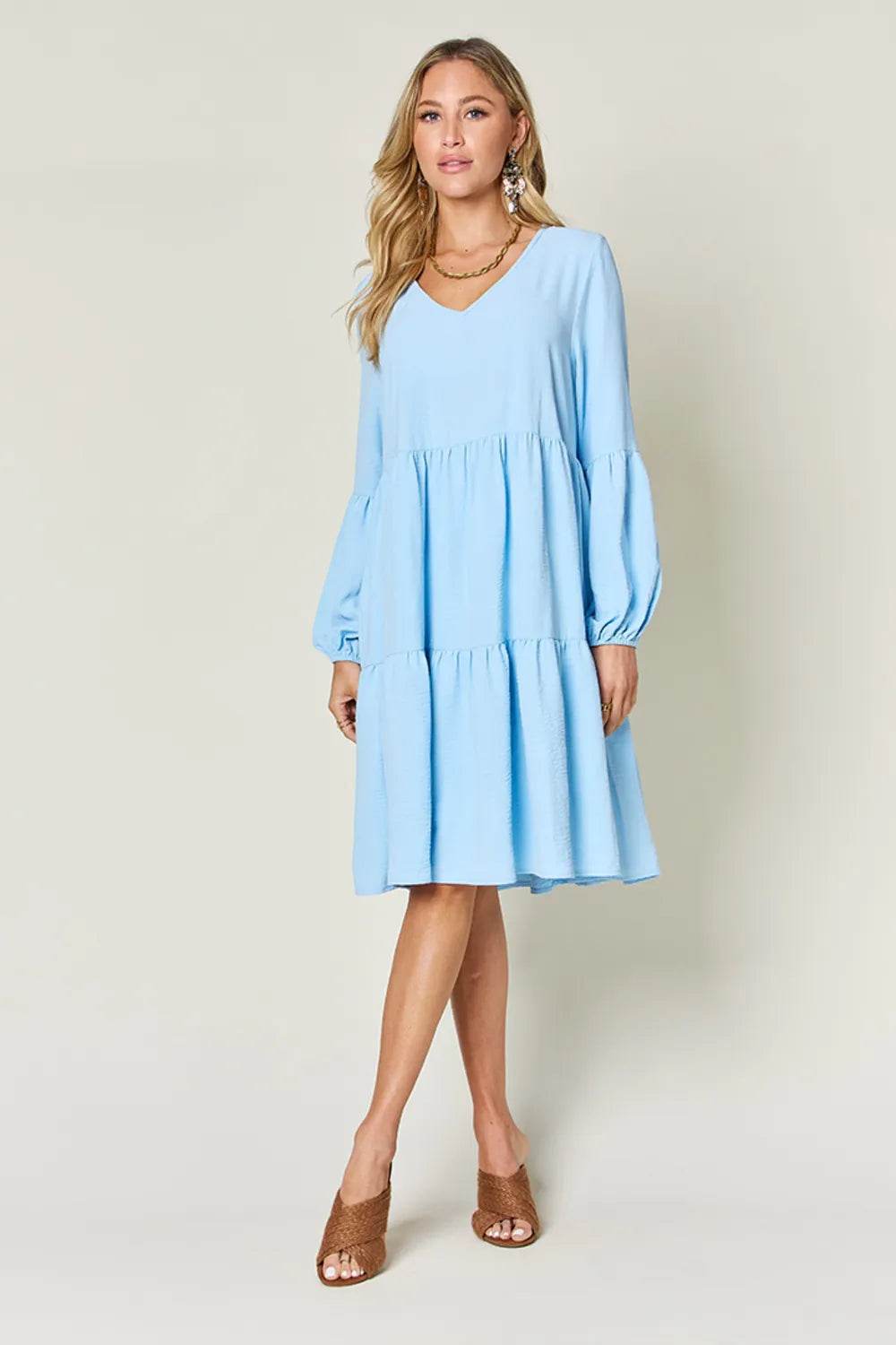 Double Take Full Size V-Neck Balloon Sleeve Tiered Dress with Pockets - Rosa Apparel