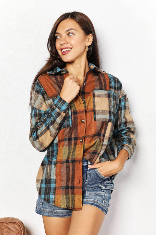 Double Take Plaid Curved Hem Shirt Jacket with Breast Pockets - Rosa Apparel