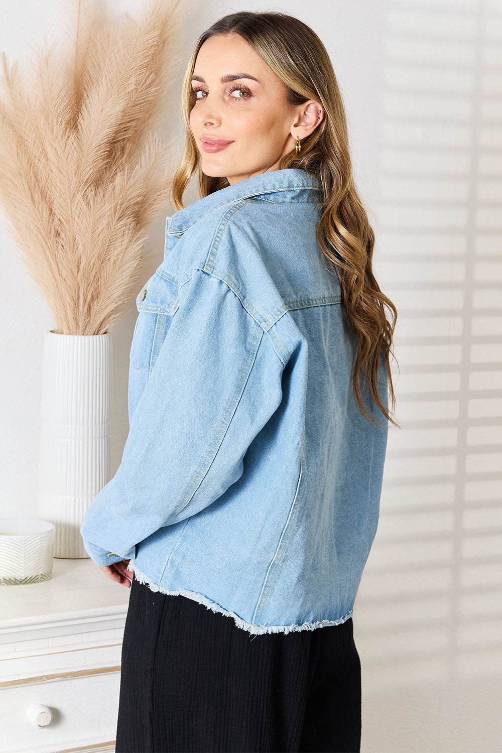 Double Take Raw Hem Dropped Shoulder Denim Jacket - Rosa Apparel