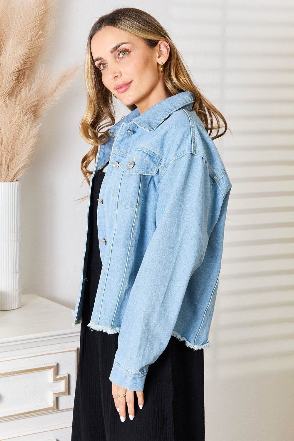 Double Take Raw Hem Dropped Shoulder Denim Jacket - Rosa Apparel