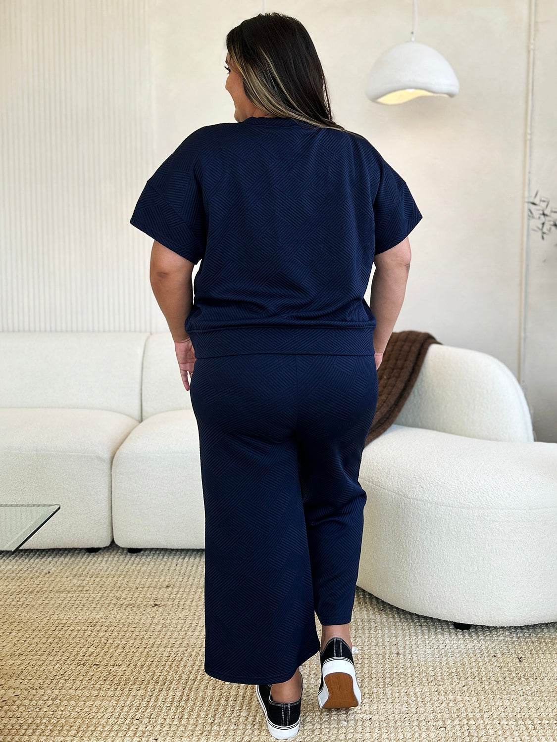 Double Take Full Size Texture Short Sleeve Top and Pants Set - Rosa Apparel