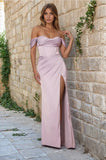 Dylan & Davids Corset Satin Off Shoulder Prom Dress with High Slit and Strappy Back DD1249