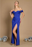 Dylan & Davids Corset Satin Off Shoulder Prom Dress with High Slit and Strappy Back DD1249