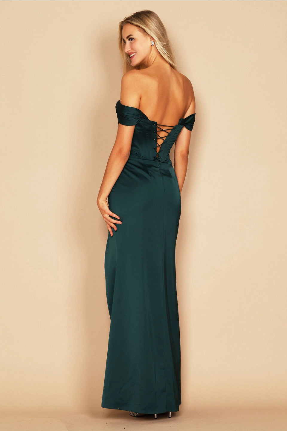 Dylan & Davids Corset Satin Off Shoulder Prom Dress with High Slit and Strappy Back DD1249