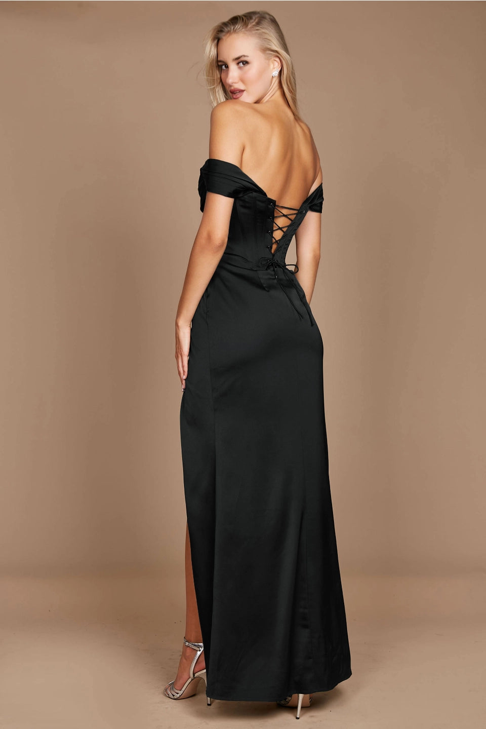 Dylan & Davids Corset Satin Off Shoulder Prom Dress with High Slit and Strappy Back DD1249
