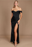 Dylan & Davids Corset Satin Off Shoulder Prom Dress with High Slit and Strappy Back DD1249