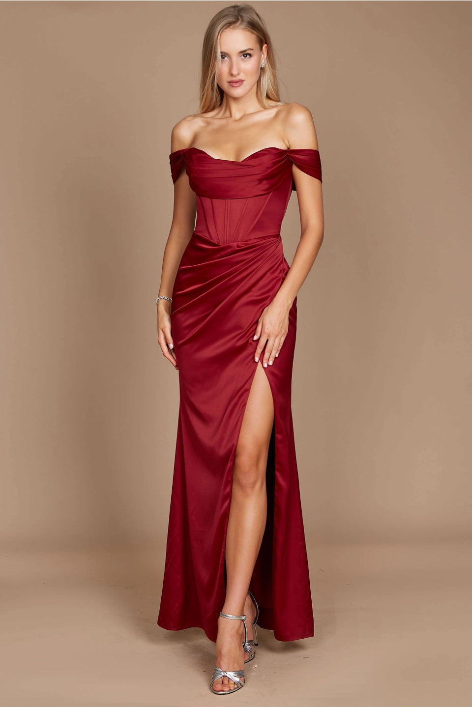 Dylan & Davids Corset Satin Off Shoulder Prom Dress with High Slit and Strappy Back DD1249