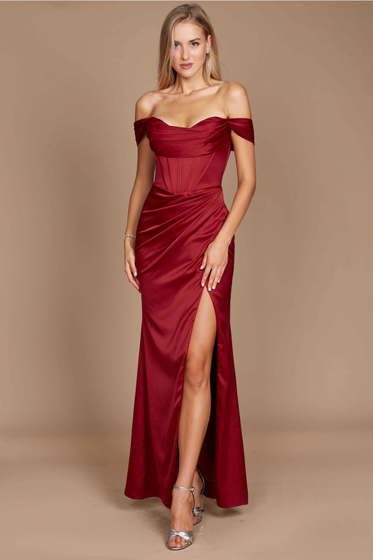 Dylan & Davids Corset Satin Off Shoulder Prom Dress with High Slit and Strappy Back DD1249