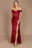 Dylan & Davids Corset Satin Off Shoulder Prom Dress with High Slit and Strappy Back DD1249