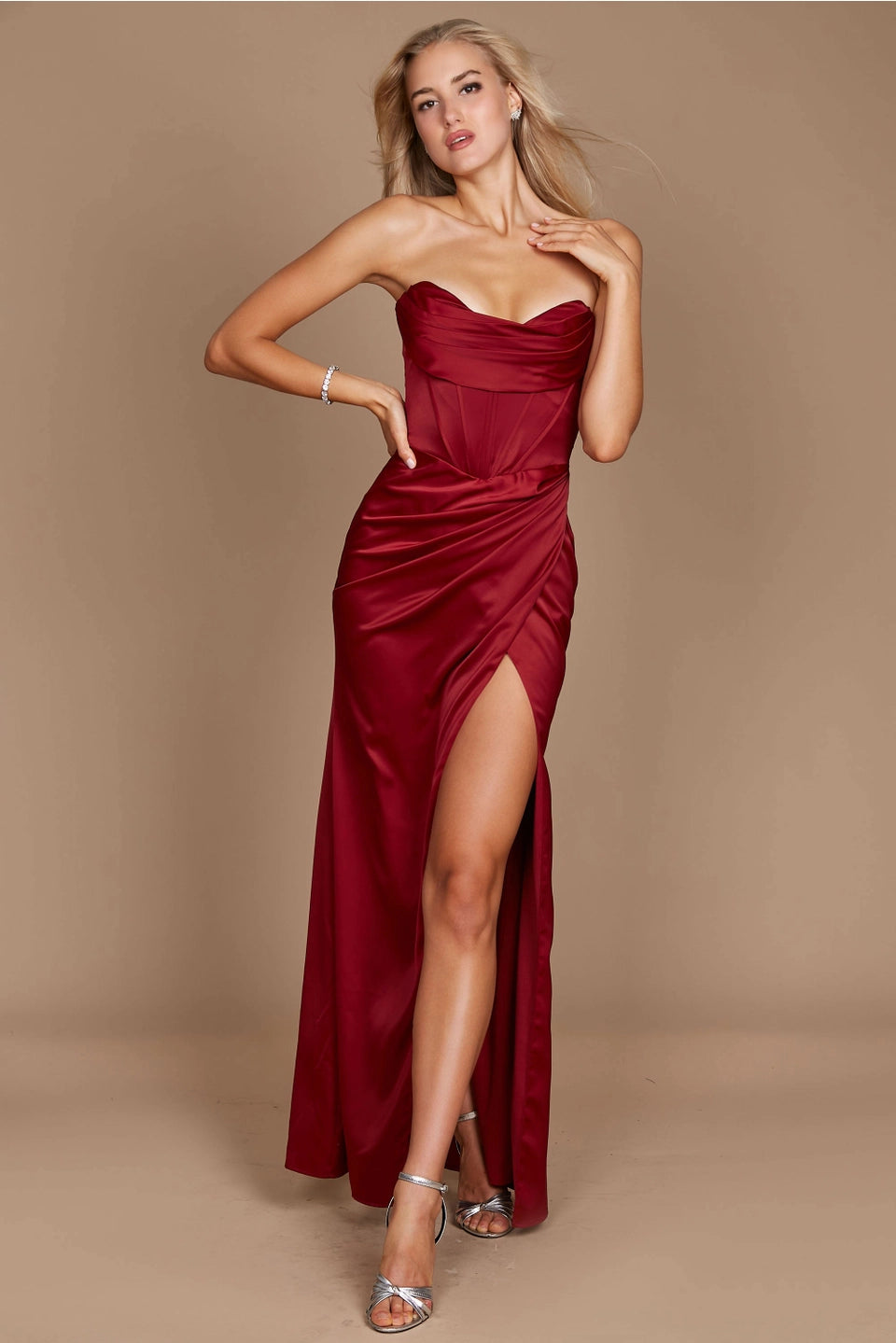 Dylan & Davids Corset Satin Off Shoulder Prom Dress with High Slit and Strappy Back DD1249