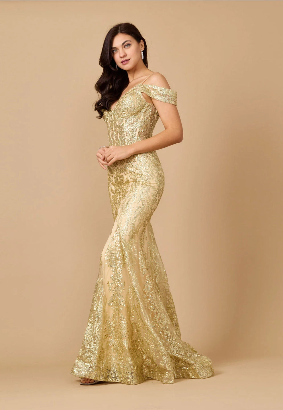 Dylan & Davids Off Shoulder Sequin Corset Formal Dress DD1354