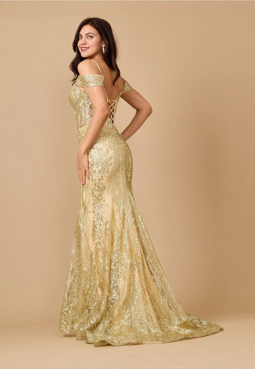 Dylan & Davids Off Shoulder Sequin Corset Formal Dress DD1354