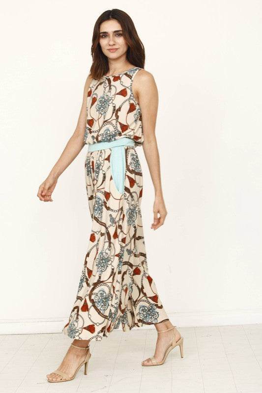 Blouson Chain Tassel Print Cropped Jumpsuit - Rosa Apparel