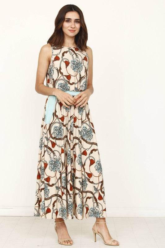 Blouson Chain Tassel Print Cropped Jumpsuit - Rosa Apparel