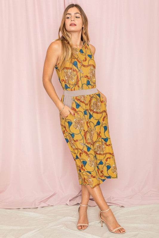 Blouson Chain Tassel Print Cropped Jumpsuit - Rosa Apparel