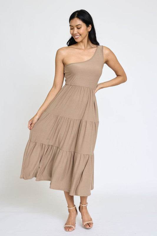 Elegant One Shoulder Ruffle Midi Dress by EG Fashion - Rosa Apparel