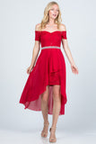 Embellished off the shoulder, trance lace and chelsea chiffon fabric, Lila high-low surplus dress