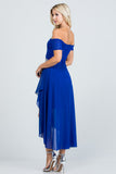 Embellished off the shoulder, trance lace and chelsea chiffon fabric, Lila high-low surplus dress