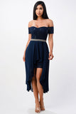 Embellished off the shoulder, trance lace and chelsea chiffon fabric, Lila high-low surplus dress