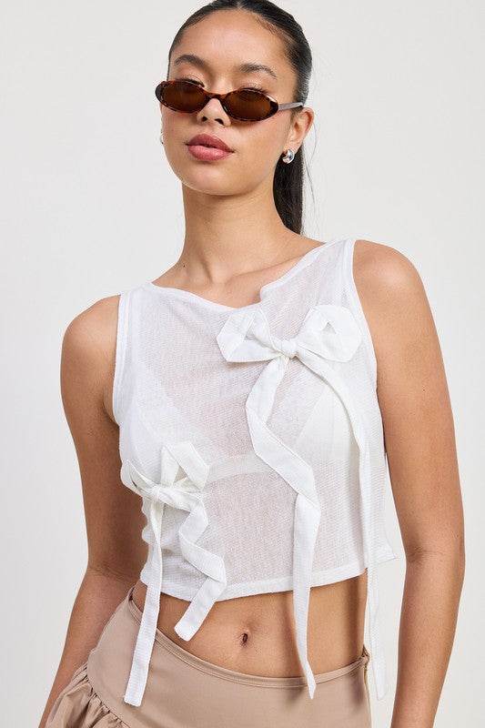SLEEVELESS SHEER BOW TOP - Rosa Apparel