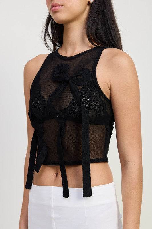 SLEEVELESS SHEER BOW TOP - Rosa Apparel