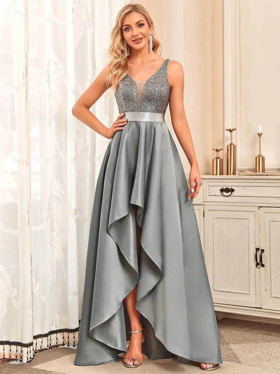 Ever Pretty Backless V-Neck Sparkly Asymmetric Evening Dress