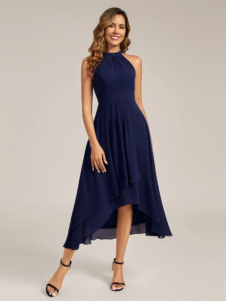 Pleated High-Low Chiffon Midi Wedding Guests Dress | Cocktail Parties Pleated High-Low Chiffon Midi Wedding Guests Dress | Cocktail Parties