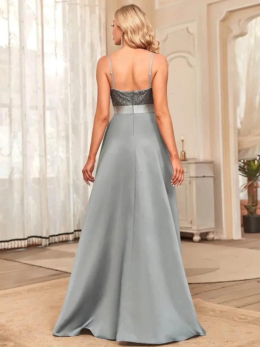 Ever Pretty Backless V-Neck Asymmetric Skirt Sleeveless Sparkly Prom Dress - Rosa Apparel