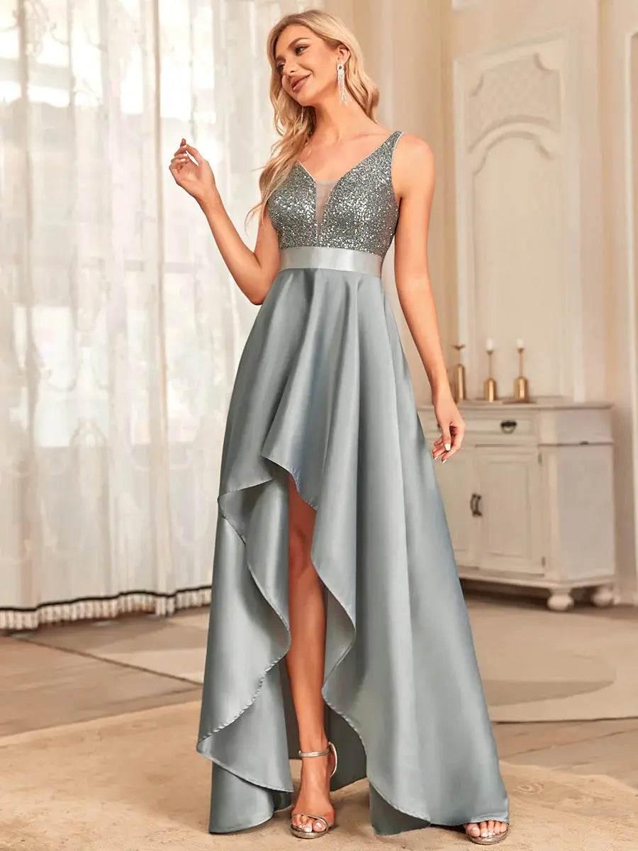 Ever Pretty Backless V-Neck Asymmetric Skirt Sleeveless Sparkly Prom Dress - Rosa Apparel