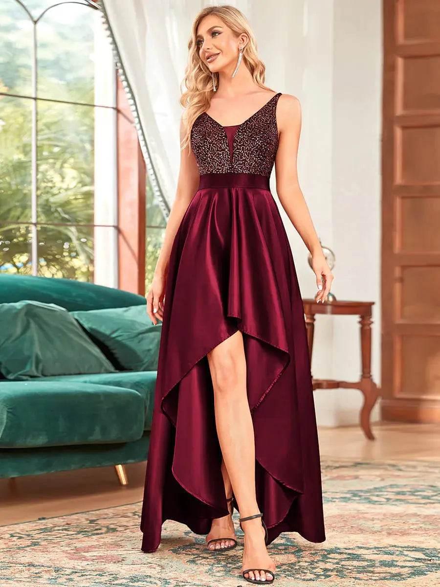 Ever Pretty Backless V-Neck Asymmetric Skirt Sleeveless Sparkly Prom Dress - Rosa Apparel