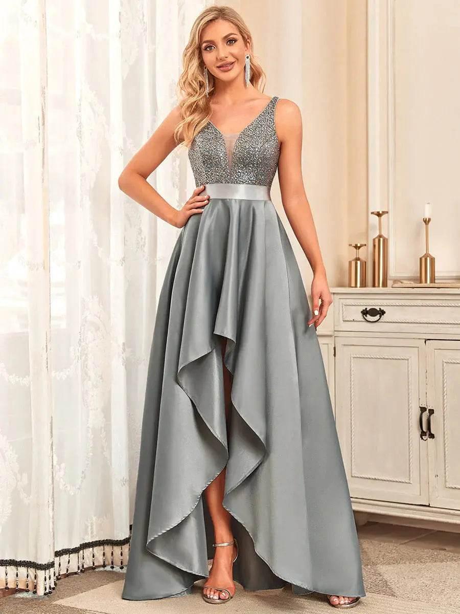 Ever Pretty Backless V-Neck Asymmetric Skirt Sleeveless Sparkly Prom Dress - Rosa Apparel