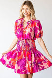 First Love Floral Short Sleeve Smocked Ruffled Ruched Mini Dress - Rosa Apparel