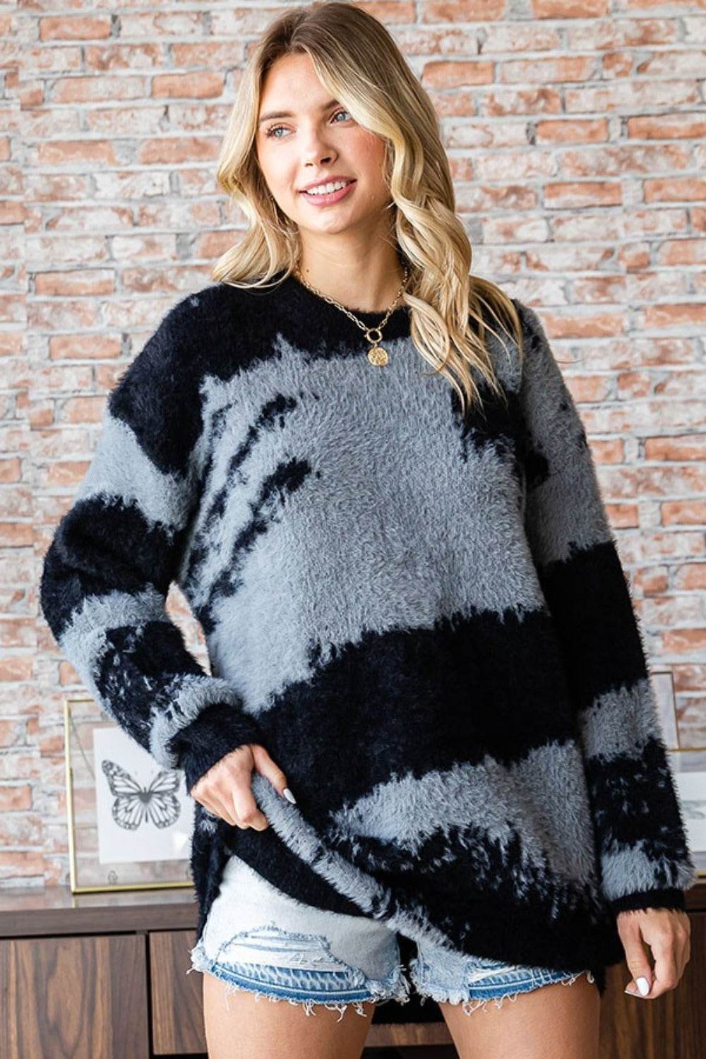 First Love Full Size Abstract Pattern Contrast Feather Yarn Sweater - Rosa Apparel