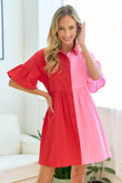First Love Full Size Color Blocked Button Down Babydoll Dress - Rosa Apparel