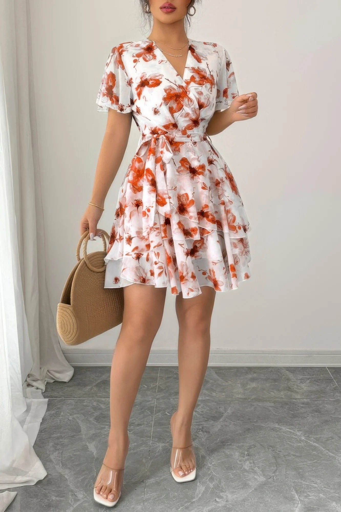 Woman wearing a floral dress holding a woven bag indoors.