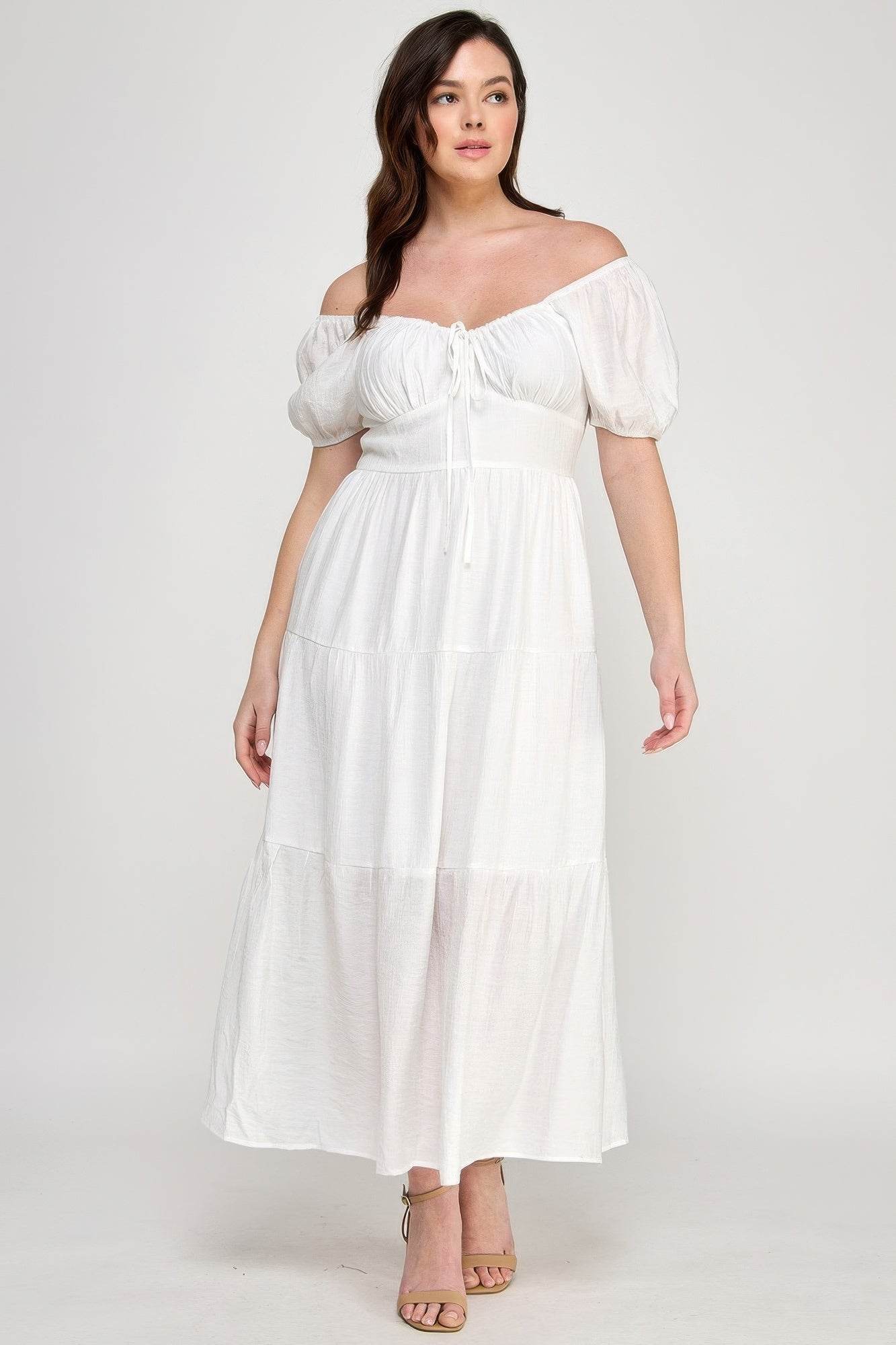 Front Tie Puff Sleeve Tiered Maxi Dress in White – Plus Size Elegance | Rosa Apparel - Rosa Apparel