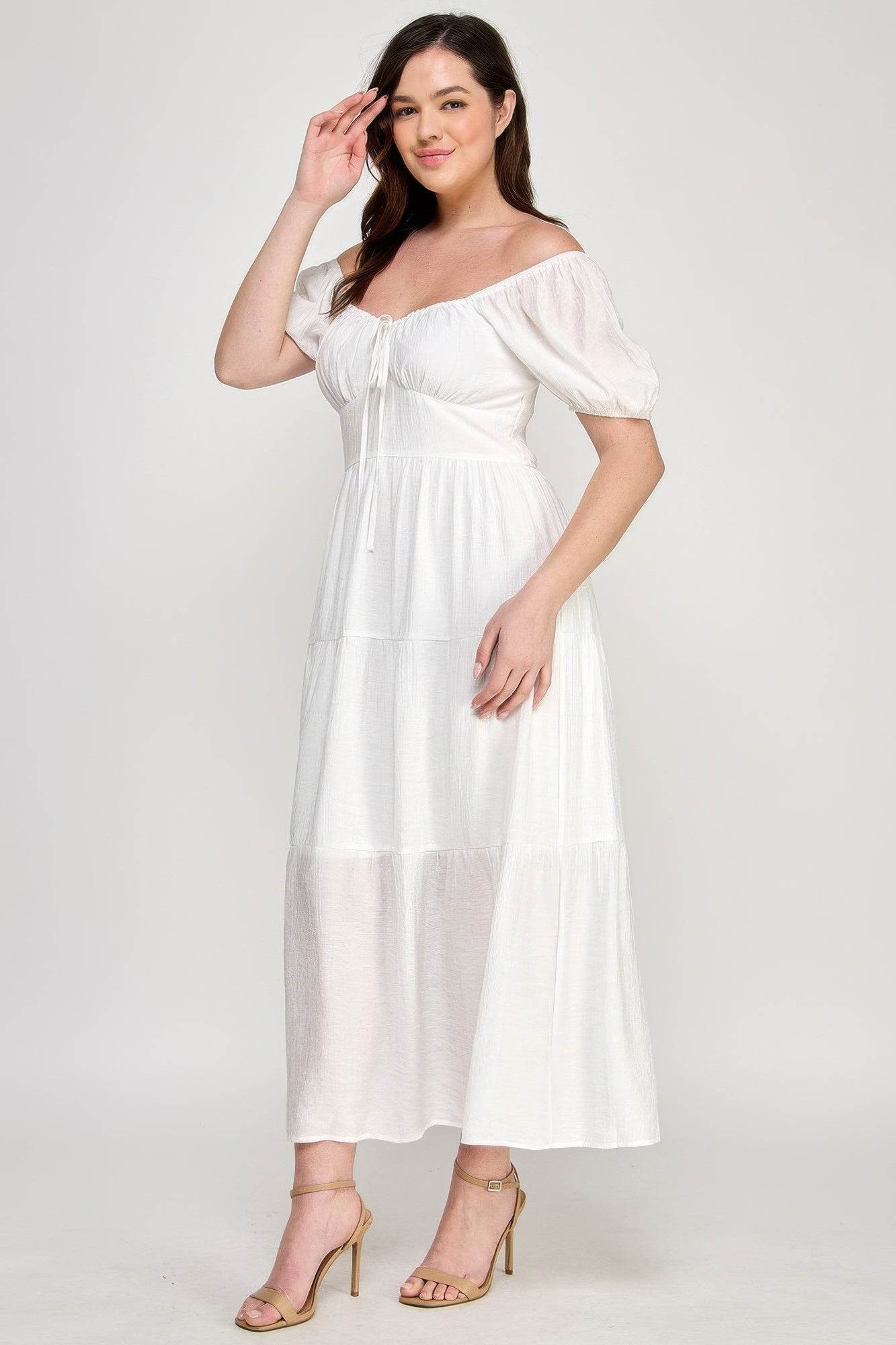Front Tie Puff Sleeve Tiered Maxi Dress in White – Plus Size Elegance | Rosa Apparel - Rosa Apparel
